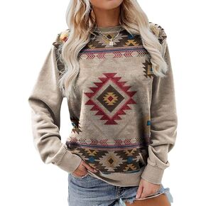 تي شيرت نسائي بأكمام طويلة مطبوع عليه أشكال هندسية من الأزتيك ملابس راعية البقر الغربية اللطيفة in Kuwait