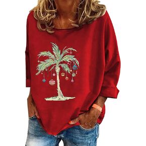 Christmas Palm Tree Shirt Pullover for Women Funny Merry Christmas Xmas Holiday Hawaiian Beach Long Sleeve Shirt Top
