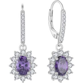 Raymard 925 Sterling Silver Halo Oval Earrings, Classic Princess Diana Leverback Earrings, Women's Dangle Drop Earrings, Birthstones Porm Jewelry Gifts for Women