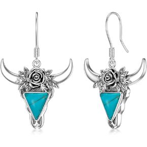 Turquoise Cow Skull Earrings 925 Sterling Silver Turquoise Cow Head Dangle Earring Bohemian Western Jewelry Gifts for Women Cowgirls