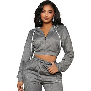 MakeMeChic Women's Casual Zip Up Long Sleeve Drop Shoulder Drawstring Crop Hoodie Sweatshirt Jacket