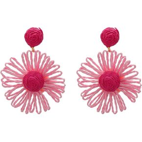Boho Handmade Raffia Straw Sunflower Flower Drop Earrings Statement for Women Girls Summer Vacation Accessories