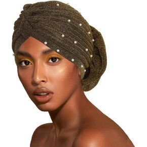 Yeilhile African Big Flower Headwrap Gold Pearl Pleated Headwraps Caps Pre-Tied Stretch Turban Beanie Hats Party Prom for Women in Kuwait