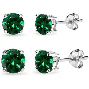 Earrings for Women Sterling Silver Trendy Round-Cut Synthetic Green Quartz Solitaire Studs for Men Girls Teens Bridesmaids Prom Gift