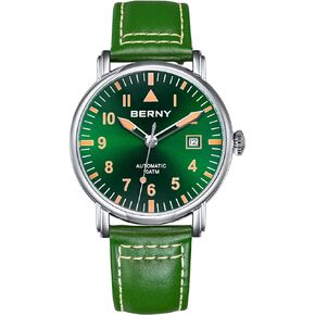 BERNY Mechanical Automatic Watch for Men Self Winding Leather Strap Classic Pilot Wristwatches Waterproof 10ATM Sapphire Glass Scratch Resistant Super Luminous