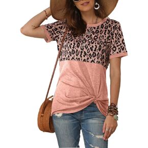 Bunanphy Womens Short/Long Sleeve Round Neck Leopard Color Block Side Twist Cute Blouse Tunic Top T Shirt
