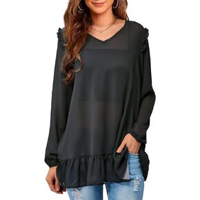 Sanifer Women's Long Sleeve Tunic Tops Dressy Casual V Neck Floral Print Chiffon Puff Ruffle Shirts Trendy Blouses