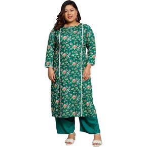 Tissu Women's Plus Size Dark Green & Yellow Printed Kurta with Palazzo