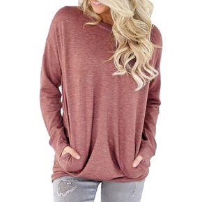Women's Long Sleeve Round Neck Casual Blouse With Pocket Solid Color Sweatshirt Pullover Loose Tunic Tops T Shirt