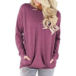 Women's Long Sleeve Round Neck Casual Blouse With Pocket Solid Color Sweatshirt Pullover Loose Tunic Tops T Shirt
