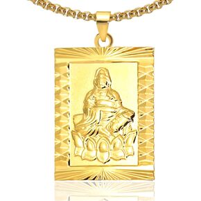 Fashion Plated 18K Gold Buddha Dog Tag Pendant Guan Yin Necklace,22" Box Chain