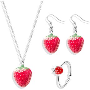 3D Strawberry Necklace Earrings Ring Jewelry Set Simulated Strawberry Necklace Rings Red Strawberry Dangle Earring for Teen Girls