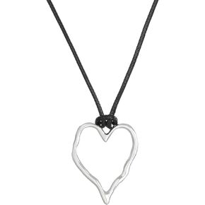 tenghong2021 Heart Shape Long Pendant Necklace for Women Silver Plated Irregular Heart Hollow Necklace Adjustable Black PU Leather Rope Long Chain Necklace for Women Teens Girl Gifts Jewelry