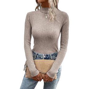 SweatyRocks Women's Casual Long Sleeve Mock Neck Ribbed Knit Top Solid Pullover Sweaters