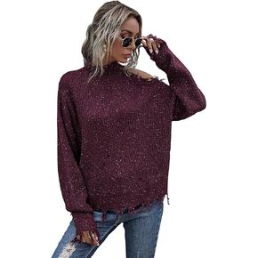 Women's Fringe Pullover Sweaters Off Shoulde Frayed Raw Hem Turtleneck Ripped Loose Sweater Pullover Top Knit Jumper