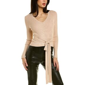 BCBGMAXAZRIA Women's Fitted Long Sleeve Sweater V Neck Waist Tie Top