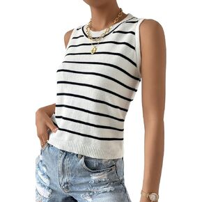 GORGLITTER Women's Striped Sleeveless Sweater Vest Round Neck Pullover Knitwear Tank Tops