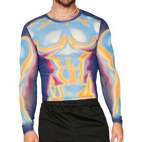 WDIRARA Men's Round Neck Long Sleeve Body Heat Map Print Marble Patterned Sheer Mesh Tee