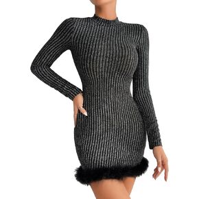 SweatyRocks Women's Mock Neck Long Sleeve Ribbed Knit Short Dress Fuzzy Hem Bodycon Mini Dresses