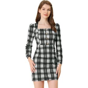 Allegra K Women's Plaid Tartan Square Neck Vintage Puff Sleeve Bodycon Christmas Dress