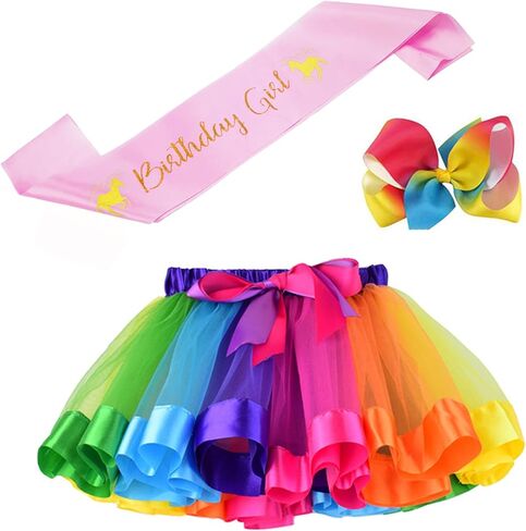 زي توتو للفتيات الصغيرات من BGFKS، تنورة توتو من التول بألوان قوس قزح بطبقات من الباليه مع قوس شعر ووشاح عيد ميلاد in Kuwait