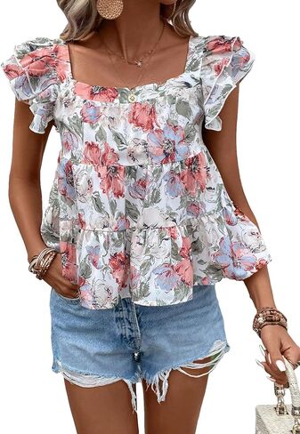 SOLY HUX Women's Summer Floral Print Square Neck Cap Sleeve Ruffle Hem Babydoll Blouse Tops in Saudi Arabia