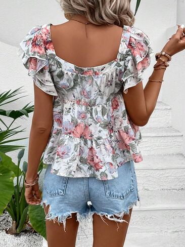 SOLY HUX Women's Summer Floral Print Square Neck Cap Sleeve Ruffle Hem Babydoll Blouse Tops in Saudi Arabia