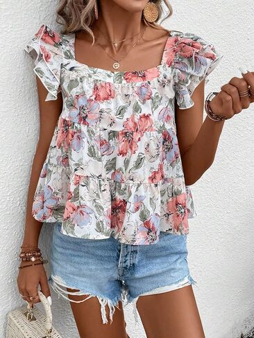 SOLY HUX Women's Summer Floral Print Square Neck Cap Sleeve Ruffle Hem Babydoll Blouse Tops in Saudi Arabia