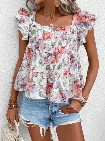 SOLY HUX Women's Summer Floral Print Square Neck Cap Sleeve Ruffle Hem Babydoll Blouse Tops in Saudi Arabia