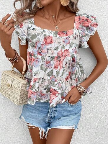 SOLY HUX Women's Summer Floral Print Square Neck Cap Sleeve Ruffle Hem Babydoll Blouse Tops in Saudi Arabia