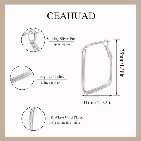 Ceahuad 925 الفضة الاسترليني آخر طبقة مزدوجة هوب الأقراط، 14K الذهب معبأ مطلي هندسية كبيرة هوب أقراط للنساء كبيرة مربع الذهب الأطواق الأقراط in Saudi Arabia