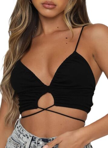 Remidoo Women's Lace Up Top Sexy Criss Cross Cut Out Ruched Tie Solid Crop Camisole in Saudi Arabia
