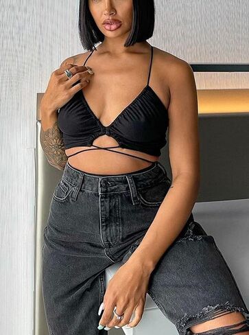 Remidoo Women's Lace Up Top Sexy Criss Cross Cut Out Ruched Tie Solid Crop Camisole in Saudi Arabia