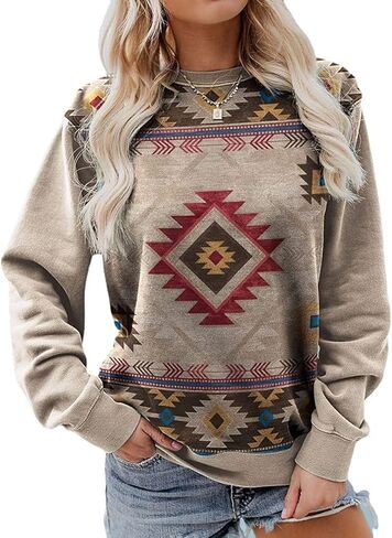 تي شيرت نسائي بأكمام طويلة مطبوع عليه أشكال هندسية من الأزتيك ملابس راعية البقر الغربية اللطيفة in Kuwait