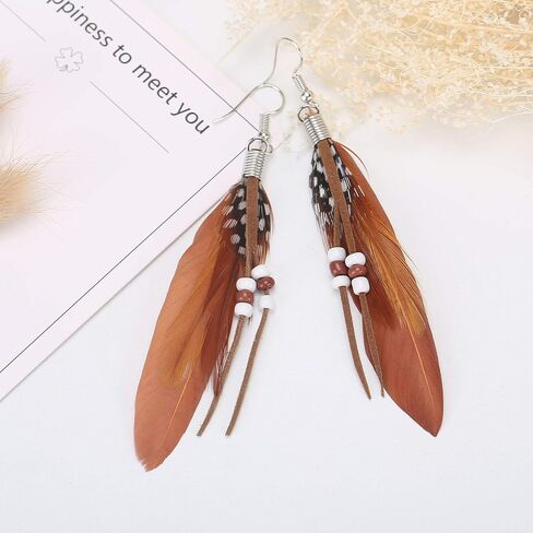 KaFu Nature Feather Earring Lightweight Vintage Long Boho Drop Dangle Earrings Cute Handmade Statement Tassel Earrings Jewelry For Women Girls in Kuwait