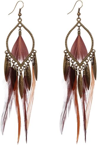 KaFu Nature Feather Earring Lightweight Vintage Long Boho Drop Dangle Earrings Cute Handmade Statement Tassel Earrings Jewelry For Women Girls in Kuwait