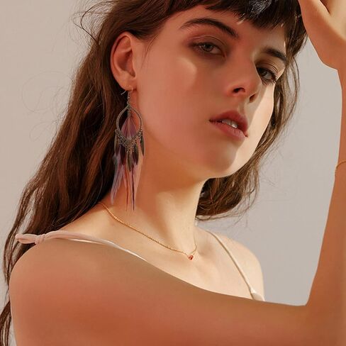 KaFu Nature Feather Earring Lightweight Vintage Long Boho Drop Dangle Earrings Cute Handmade Statement Tassel Earrings Jewelry For Women Girls in Kuwait