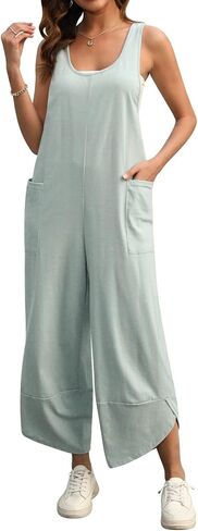 عميق الذاتي المرأة الصيف بلا أكمام حللا عادية فضفاض مغرفة الرقبة واسعة الساق الحريم بانت طويل رومبير عموما مع جيوب in Kuwait