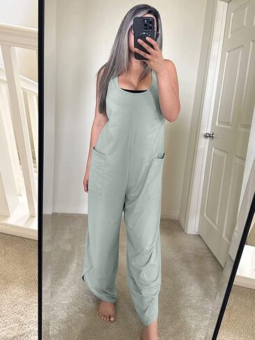 عميق الذاتي المرأة الصيف بلا أكمام حللا عادية فضفاض مغرفة الرقبة واسعة الساق الحريم بانت طويل رومبير عموما مع جيوب in Kuwait