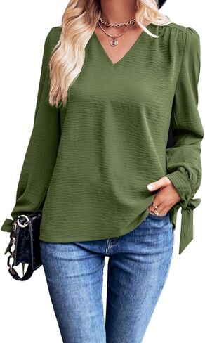 Women's Casual Loose Tunic Tops V Neck Blouses Fall Tie Knot Long Sleeve Shirts (Army Green, L) in Saudi Arabia