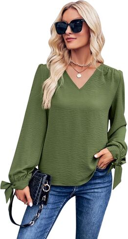 Women's Casual Loose Tunic Tops V Neck Blouses Fall Tie Knot Long Sleeve Shirts (Army Green, L) in Saudi Arabia