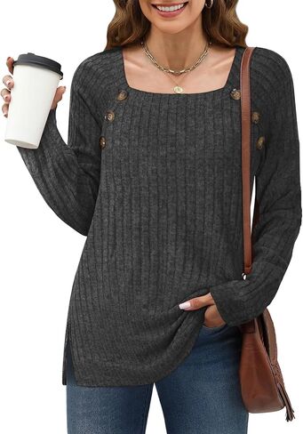 سترات Zamowoty للسيدات خفيفة الوزن ورقبة مربعة وأكمام طويلة وقمصان فضفاضة ذات فتحة جانبية وقمصان تونيك in Kuwait