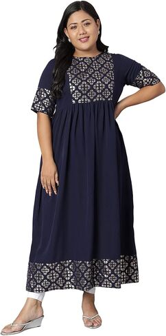 Janasya XL LOVE Indian Women's Plus Size Dark Blue Poly Crepe Kurta in Saudi Arabia