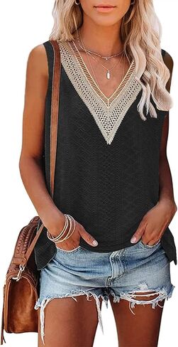 قمصان نسائية بدون أكمام ورقبة على شكل V دانتيل مطبوع عليها زهور بلوزات صيفية عصرية باللون الأسود L in Kuwait