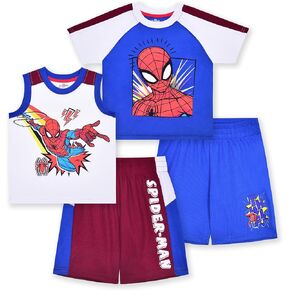 Marvel Spider-Man Boys 4 Piece Mix and Match T-shirts and Shorts Set for Toddlers and Big Kids – Blue/White/Red