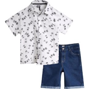 DKNY Boys' Shorts Set - 2 Piece Short Sleeve Button Down Shirt and Denim Jean Shorts - Summer Outfit for Toddler Boys (2T-7) in Saudi Arabia