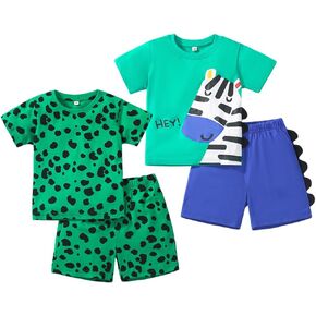 VZF Toddler Boys Summer Outfit 4 Pcs Little Boy Cotton Printed Clothes Short Sleeve T-Shirt and Shorts Set
