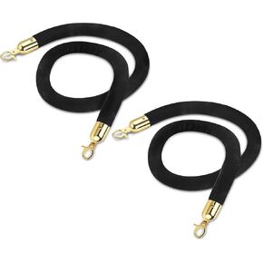 Flexzion Velvet Stanchion Rope (5FT, 2 Pack) 1.5" Thick Black Cord for Ball Crown Top Style Barriers Post, Crowd Queue Line Safe Control, Round Velour with Silver Plated Polished Snap Hook