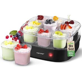 Nutrichef 9 Cup Automatic Yogurt Maker | Includes 9 - 5 oz Reusable Cups with Lids & Yogurt Rack for Instant Storage | Makes up to 45 OZ of Yogurt | Greek Yogurt Maker | Space Saving design | Black