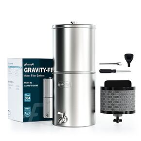 Frizzlife G210-PRO Gravity Water Filtration System, NSF Certified Element Reduces 99% Lead, Chlorine, Heavy Metals, Bad Taste & Odor, Impurity, with Stainless Steel Stand for Drinking, Travel, 2.25G